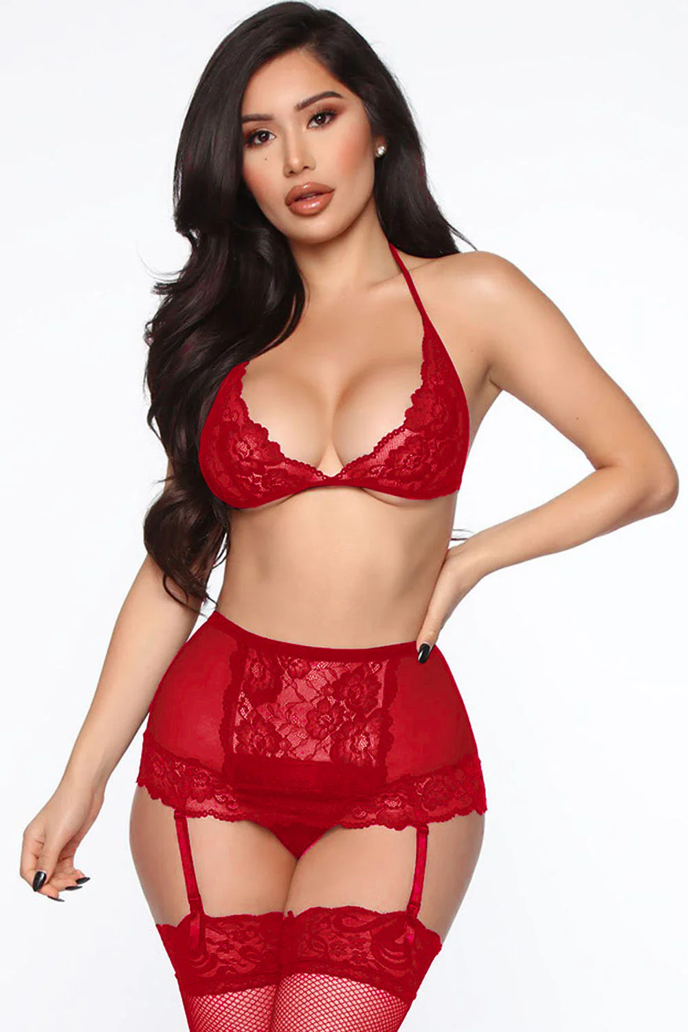 Halter Backless Crochet Lace 3Pcs Lingerie Set - Image 40