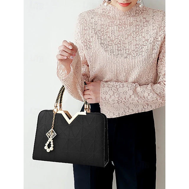 Handbag Faux with Elegant Pendant Pearl Leather - Image 4