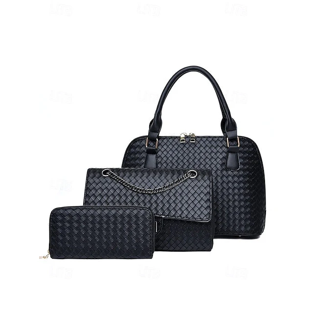 Handbag Set Brown Leather Woven 3-Piece Faux - Image 11
