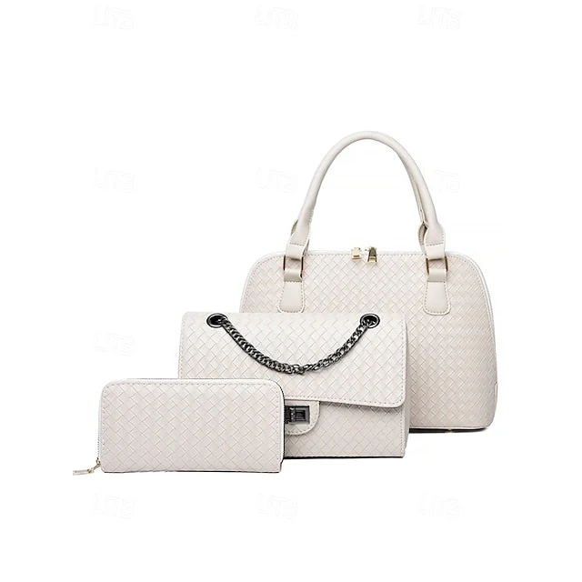 Handbag Set Brown Leather Woven 3-Piece Faux - Image 13