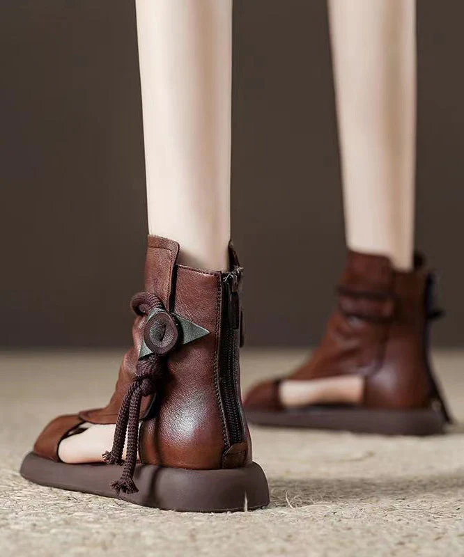 Handmade Beige Splicing Cowhide Leather Chunky Sandals Boots - Image 4