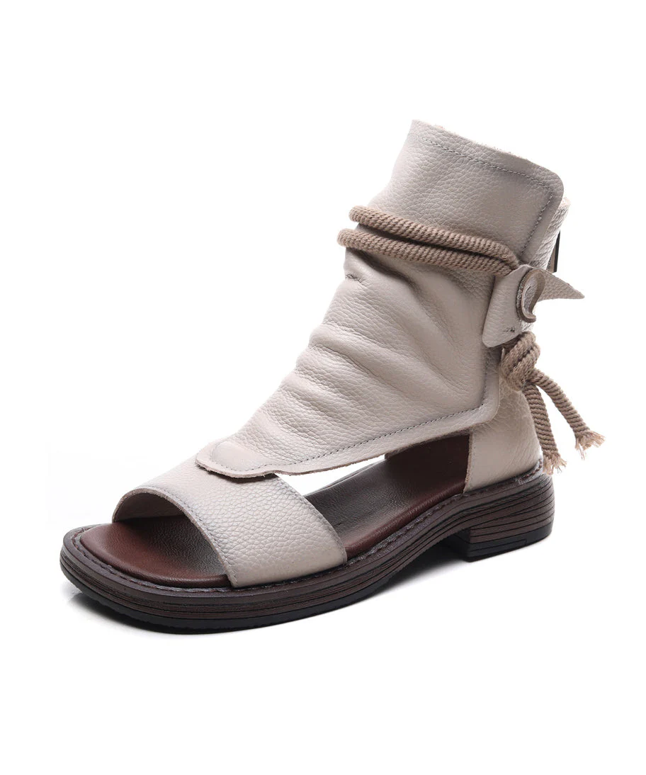 Handmade Beige Splicing Cowhide Leather Chunky Sandals Boots - Image 5