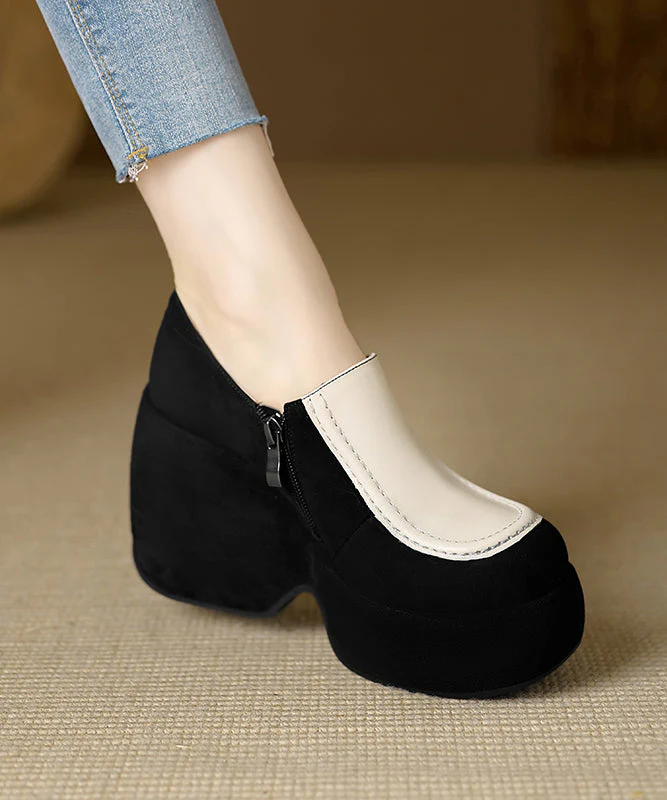 Handmade Black High Wedge Heels Cowhide Leather Beautiful Splicing - Image 2