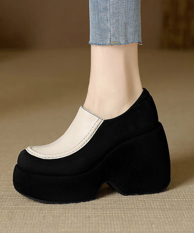 Handmade Black High Wedge Heels Cowhide Leather Beautiful Splicing - Image 4