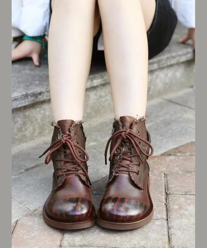 Handmade Comfy Brown Cowhide Leather Splicing Boots Lace Up - Image 3