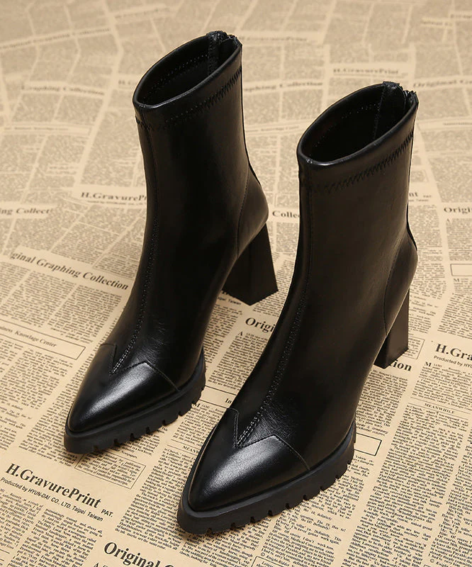 Handmade Cowhide Chunky Boots Leather Brown Splicing Heels - Image 4