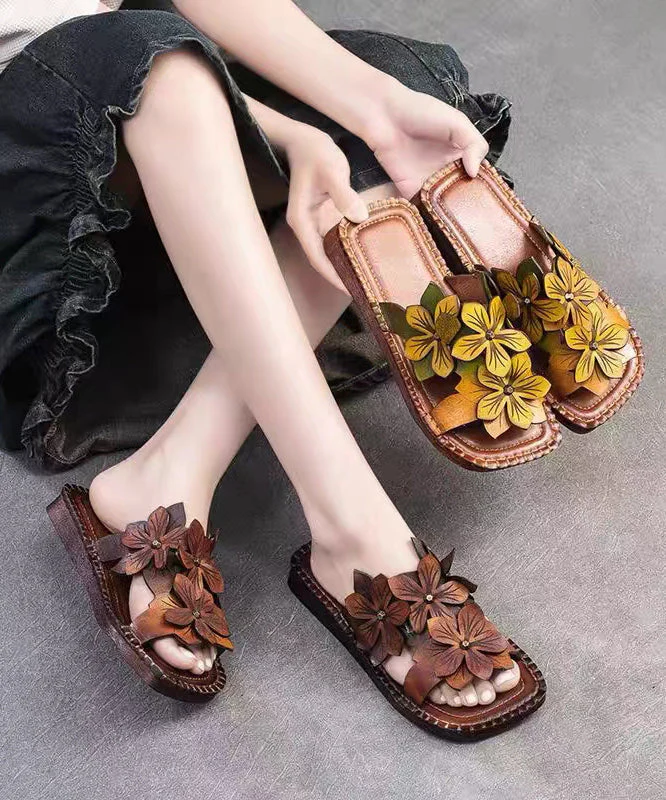 Handmade Cowhide Leather Yellow Green Floral Slide Sandals - Image 4