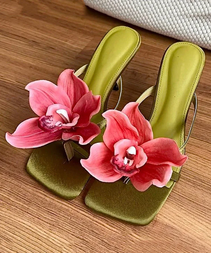 Handmade Sandals Floral Slide Heels Splicing Green High