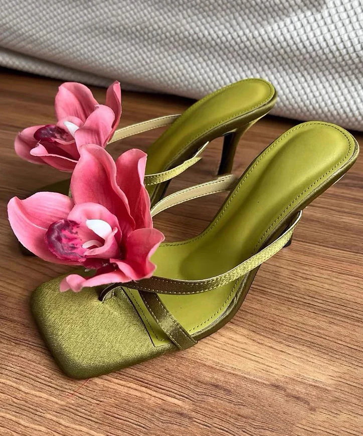 Handmade Sandals Floral Slide Heels Splicing Green High - Image 3
