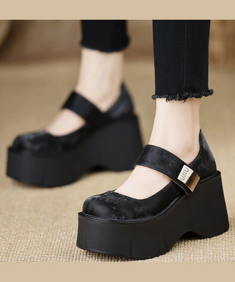 Handmade Vintage Buckle Strap Splicing Wedge High Heels Black Silk - Image 3
