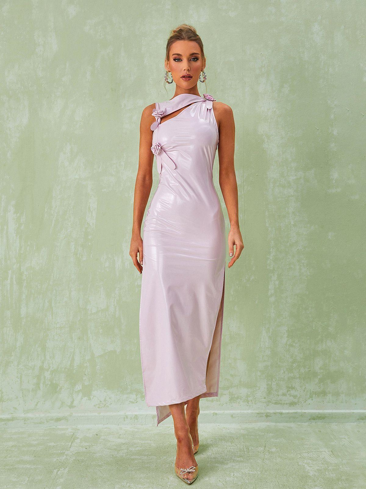 Hecate Cutout Latex Split Maxi Dress In Blush - Image 2