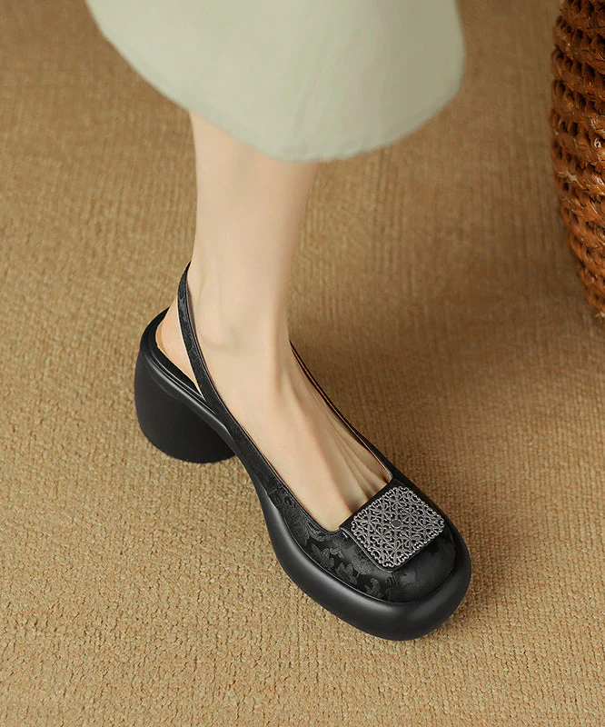 Heel Apricot Retro Splicing Leather Cowhide Chunky Sandals - Image 3