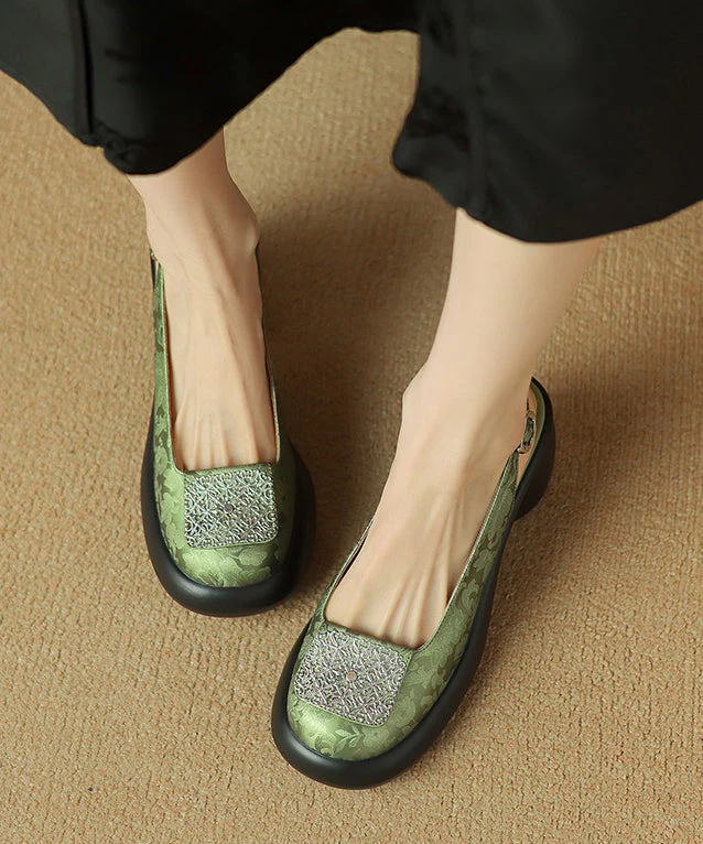 Heel Apricot Retro Splicing Leather Cowhide Chunky Sandals - Image 4