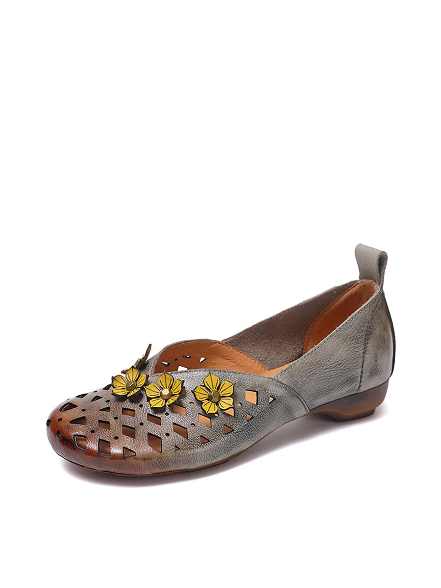 Heel Flower Hollow Low Shoes Leather Out Ethnic - Image 6