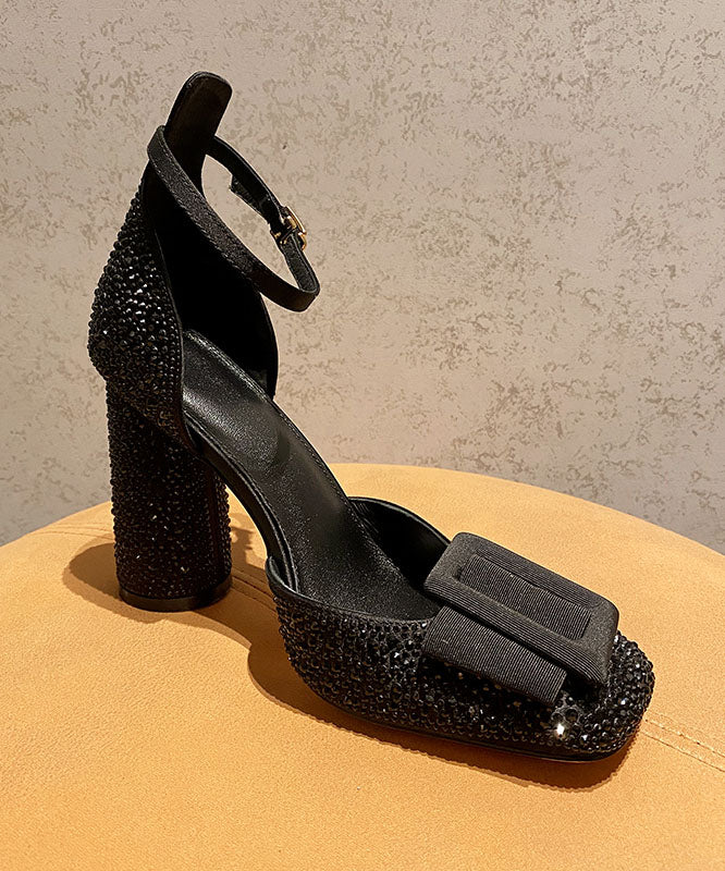 Heel Handmade Sandals Black Strap Chunky Buckle Zircon Splicing - Image 4