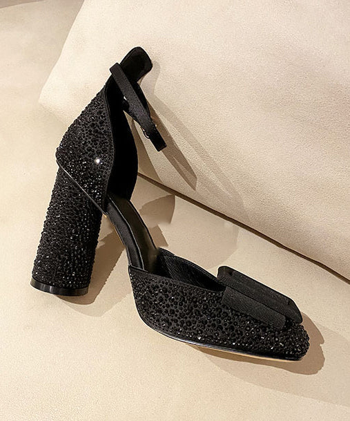 Heel Handmade Sandals Black Strap Chunky Buckle Zircon Splicing - Image 5