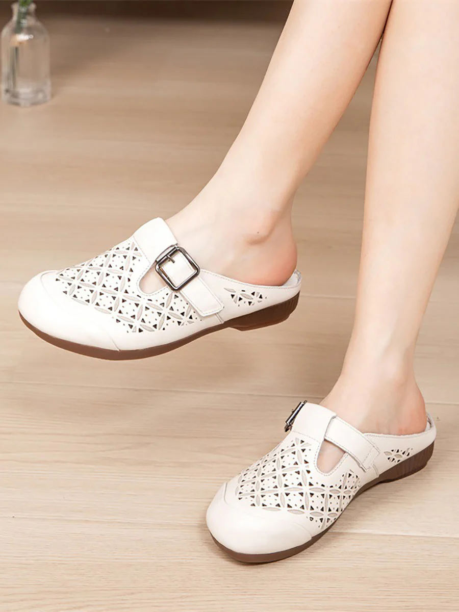 Heel Hollow Out Genuine Low Leather Shoes Vintage