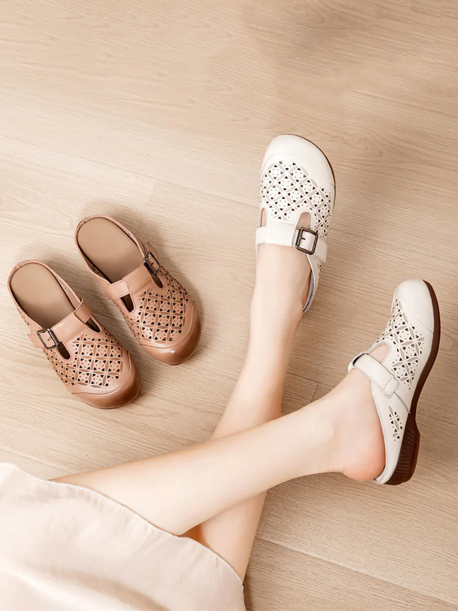Heel Hollow Out Genuine Low Leather Shoes Vintage - Image 9
