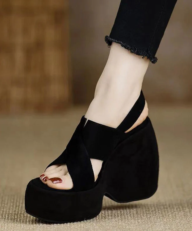Heels Stylish Wedge Sandals Splicing Peep Black Toe Suede - Image 5