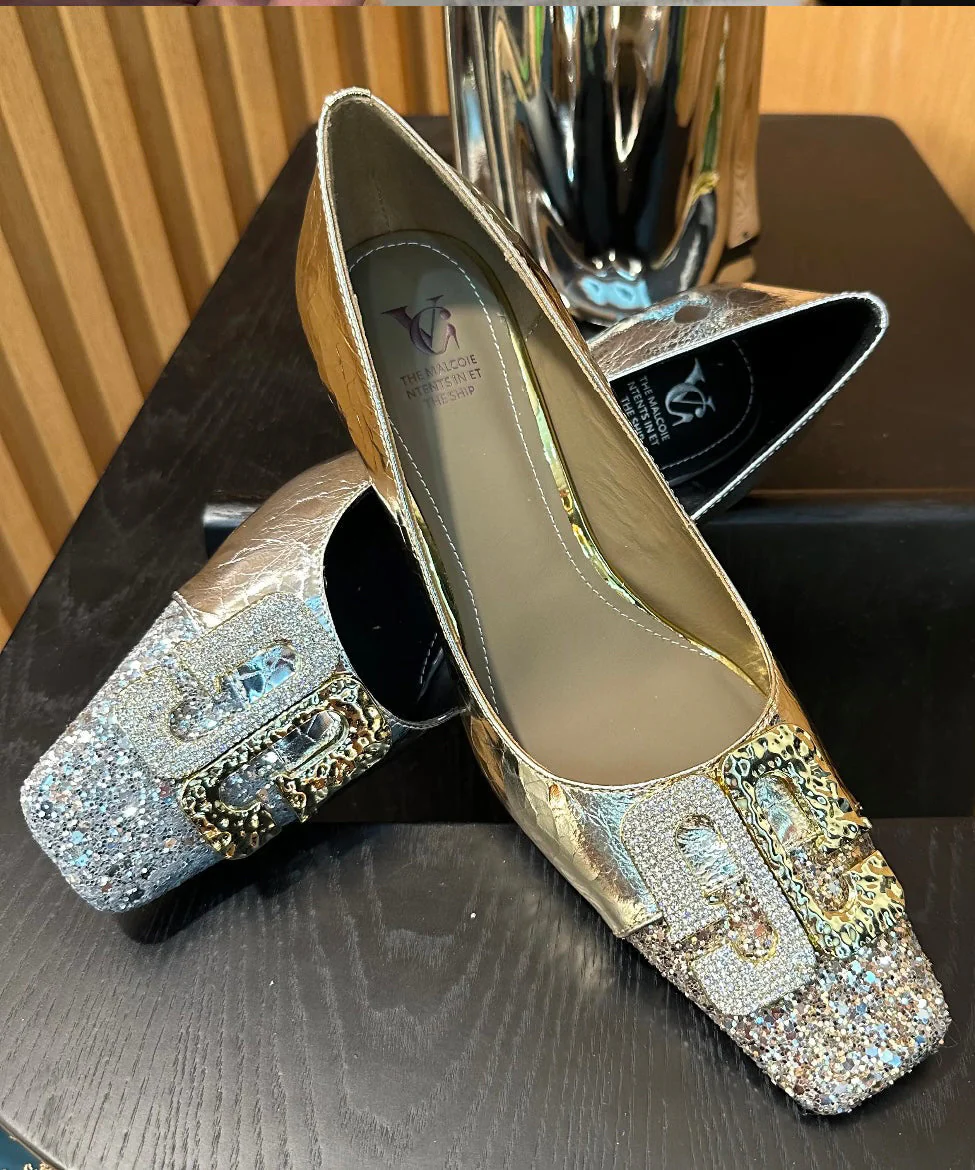 High Splicing Chic Gold Toe Heels Square Zircon Chunky