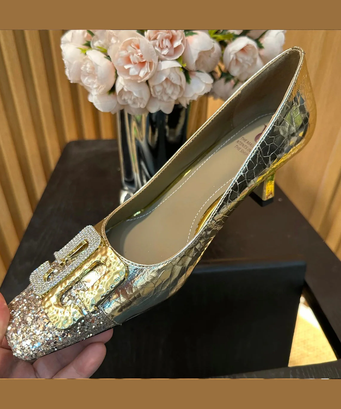 High Splicing Chic Gold Toe Heels Square Zircon Chunky - Image 3