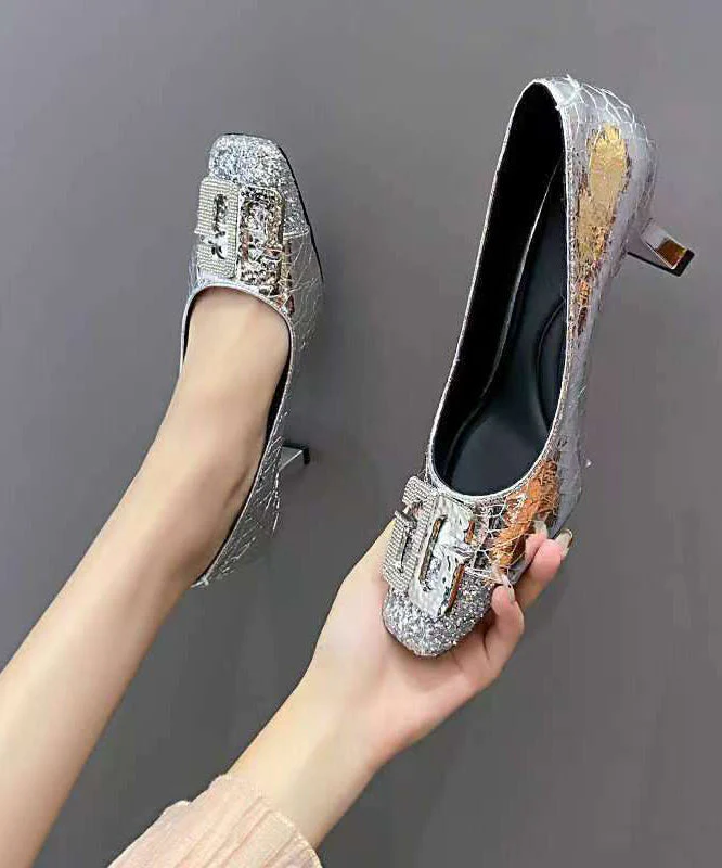 High Splicing Chic Gold Toe Heels Square Zircon Chunky - Image 4