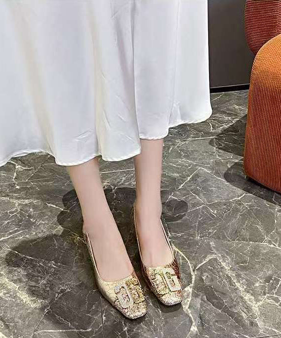 High Splicing Chic Gold Toe Heels Square Zircon Chunky - Image 5