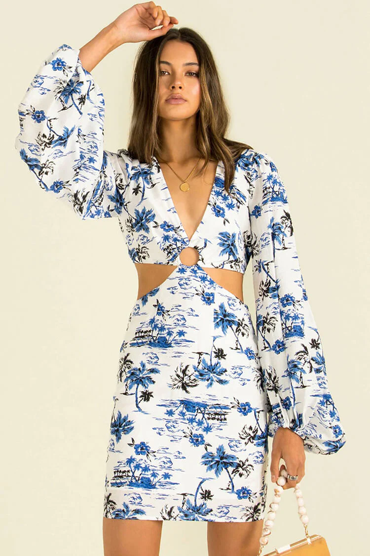 Holiday Floral V Neck Long Sleeve Cutout Printed Mini Dress - Blue - Image 2