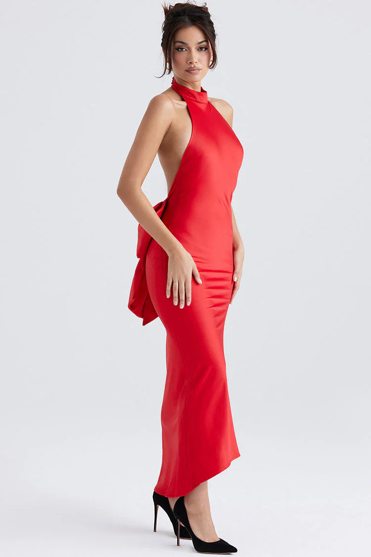 Holiday Oversized Bowknot Backless Halter Satin Evening Maxi Dress - Red - Image 3