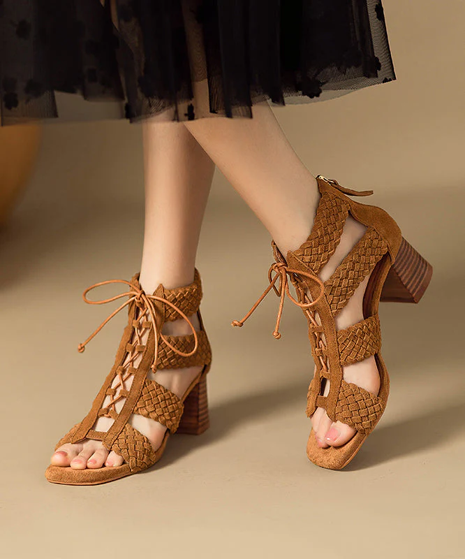 Hollow Brown Lace Out Sandals Chunky Splicing Handmade Boots Up - Image 2