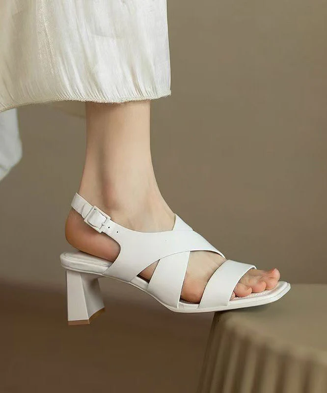 Hollow Chunky Out Heel Faux Sandals Splicing Leather White - Image 3