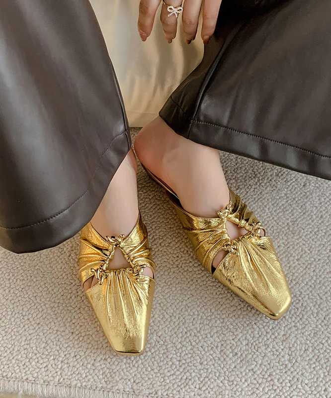 Hollow Out Chunky Beige Cowhide Leather Slide Sandals - Image 5