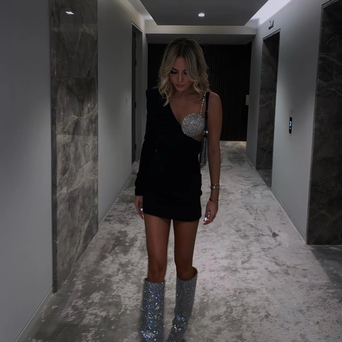 Idolise Asymmetric Sparkly Rhinestone Bra Cocktail Mini Dress - Image 12