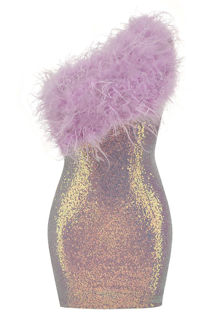 Iridescent Sequin One Shoulder Feather Trim Party Midi Dress - Lilac - Image 3