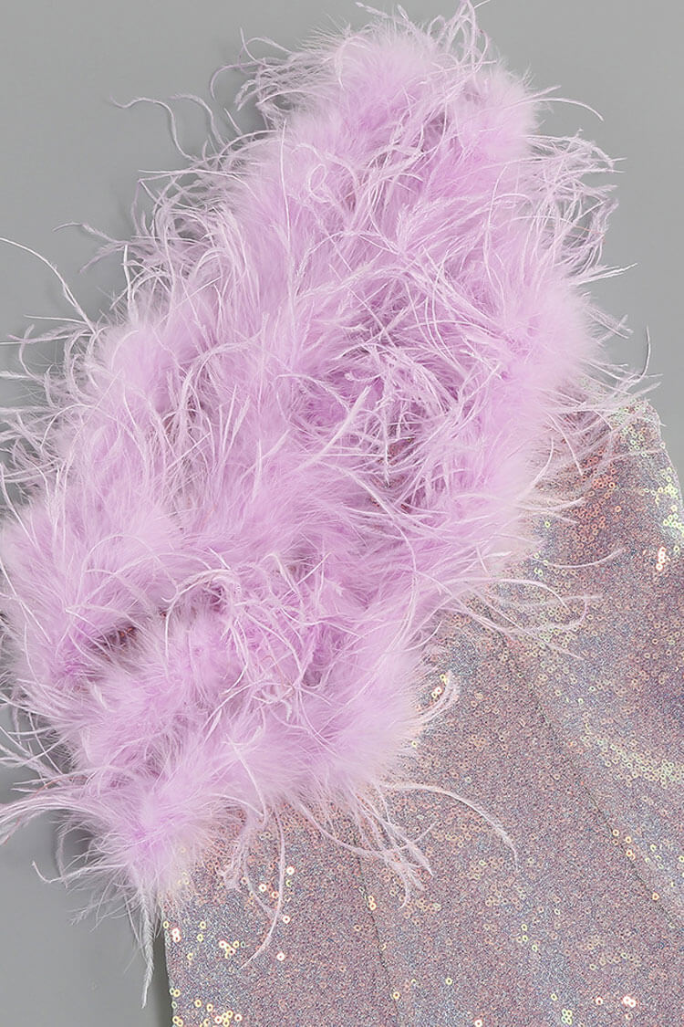 Iridescent Sequin One Shoulder Feather Trim Party Midi Dress - Lilac - Image 4