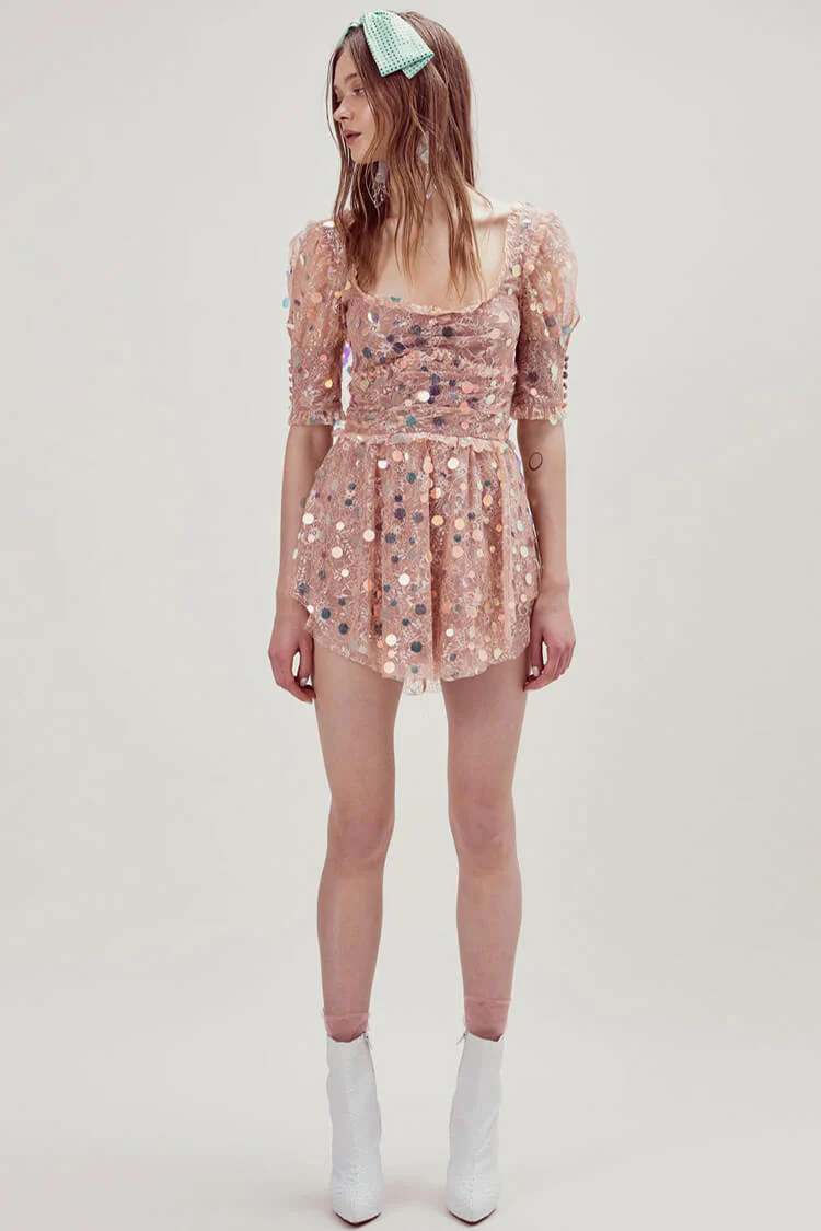 Iridescent Sequin Puff Sleeve Frilly Lace Mini Dress - Pink - Image 3