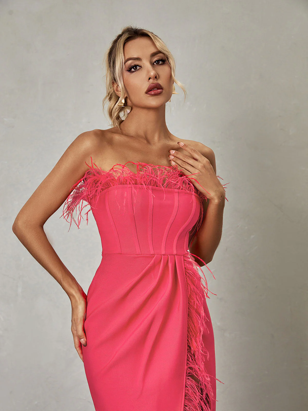 Iyra Strapless Feather Bandage Dress In Hot Pink - Image 3