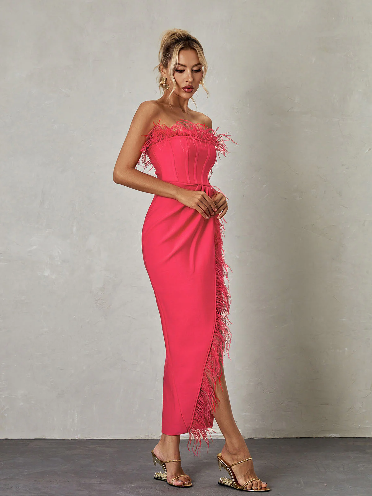 Iyra Strapless Feather Bandage Dress In Hot Pink - Image 5