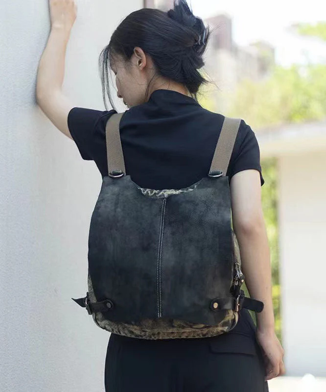 Khaki Calf Leather Patchwork Canvas Backpack Satchel Bag - Image 2