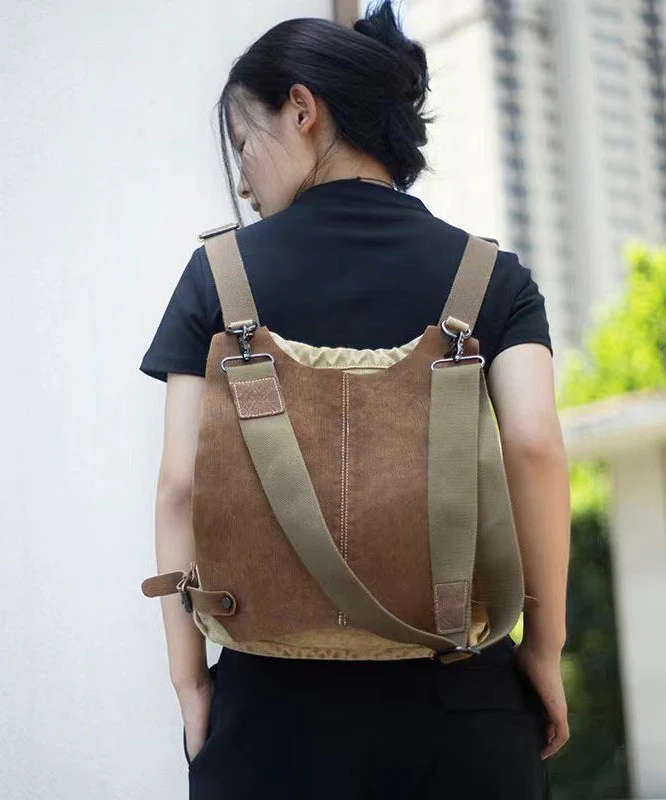 Khaki Calf Leather Patchwork Canvas Backpack Satchel Bag - Image 3