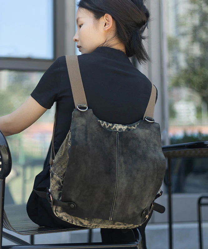Khaki Calf Leather Patchwork Canvas Backpack Satchel Bag - Image 4