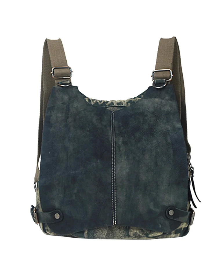 Khaki Calf Leather Patchwork Canvas Backpack Satchel Bag - Image 5