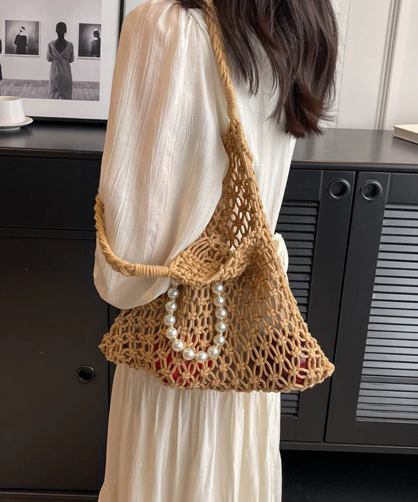 Khaki Hollow Out Beading Fashionable Weaving Satchel Bag Handbag - Image 5