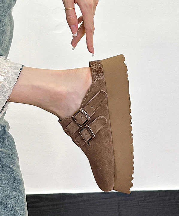 Khaki Platform Suede Handmade Splicing Slide Sandals - Image 5