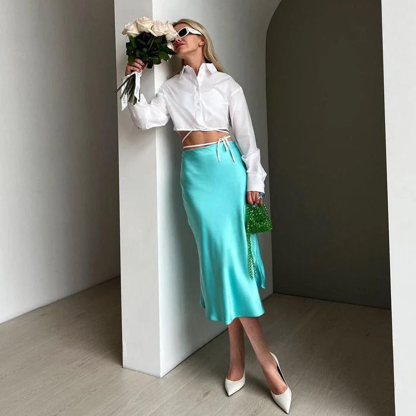 Kindly Accept High Waist Satin Midi Skirt - Image 3