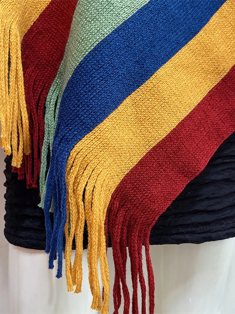 Knitted Striped Tassel Poncho - Image 5