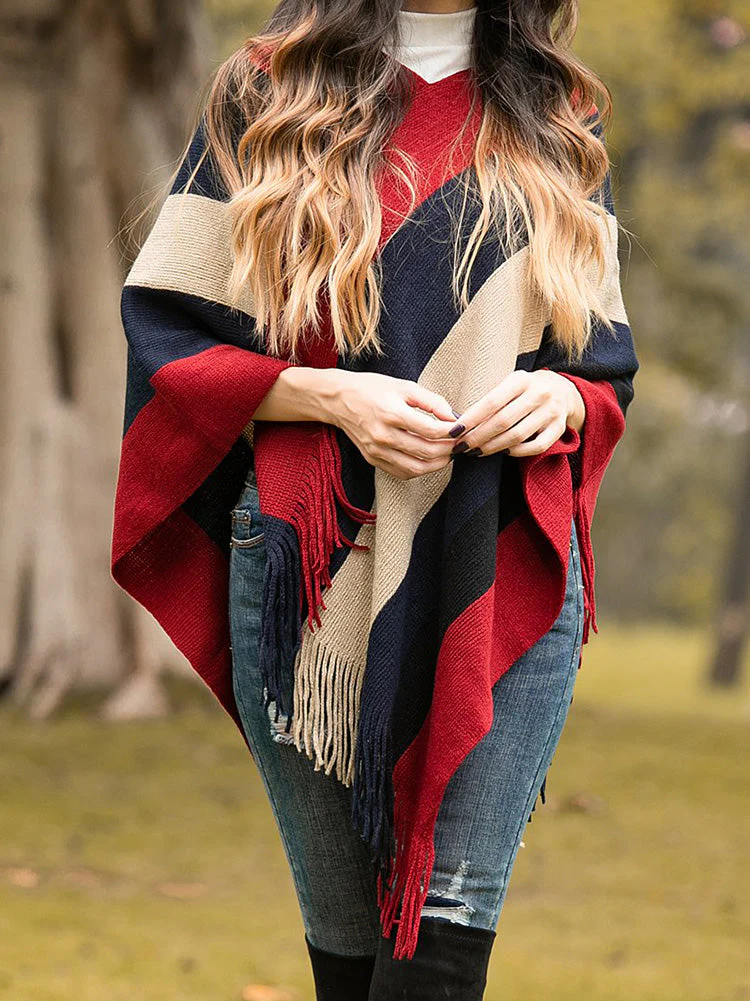 Knitted Striped Tassel Poncho - Image 8