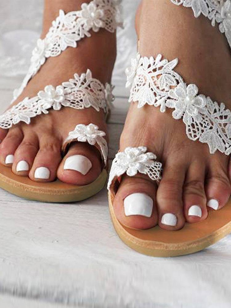 Lace Flower Pearl Flat Beach Sandals - Image 7