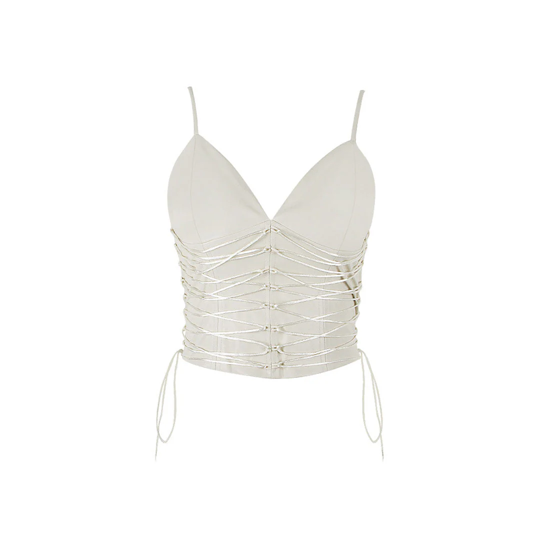 Lace Up Vegan Leather Deep V Tank Crop Top - Ivory - Image 5