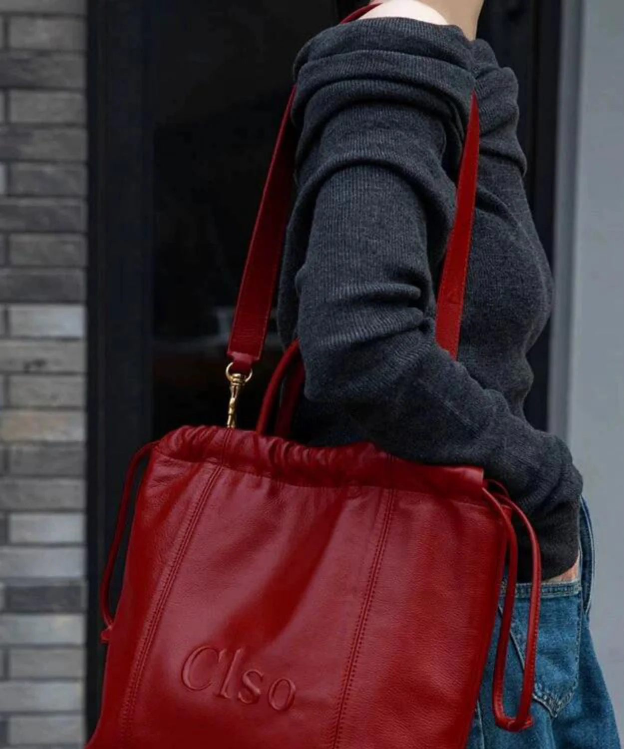 Large Drawstring Handbag Capacity Faux Satchel Leather Red - Image 4
